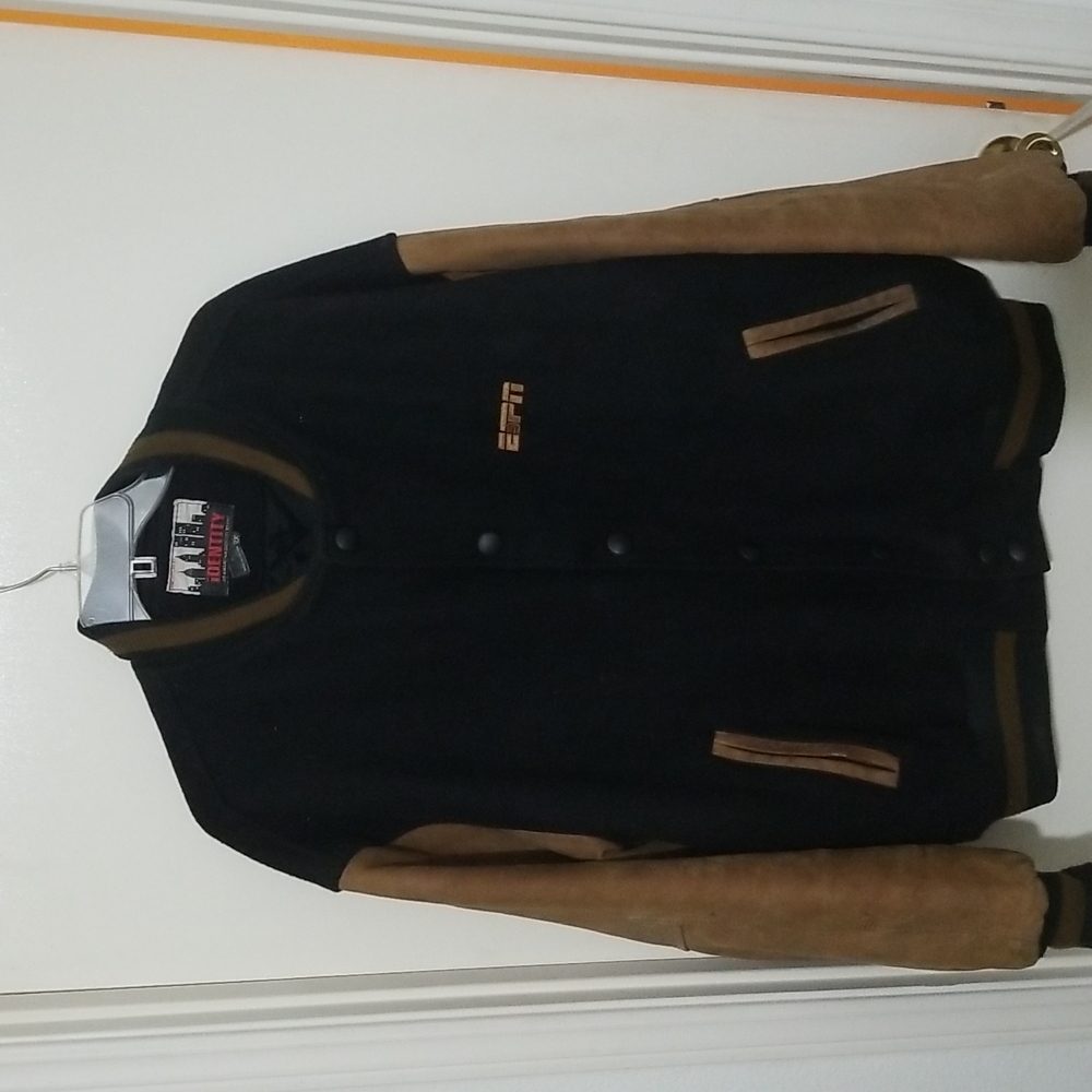 Identity mens varsity jacket, 2XL black with    tan sleeves.